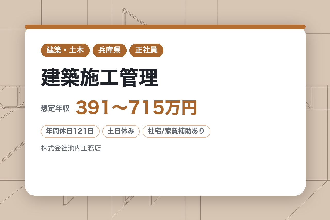 【兵庫/明石】建築施工管理◇2級建築施工管理／建築のプロへ！／顕彰・受賞歴多数の優良企業／◎移住支援金制度あり／地域密着×安定基盤／週休2日