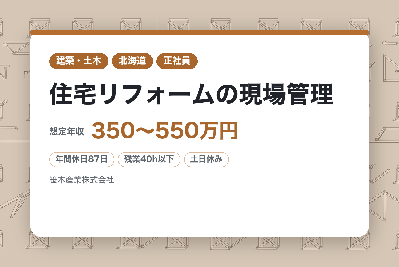 【北海道／札幌市／千歳市／滝川市】住宅リフォームの現場管理※資格取得支援あり／転勤なし／福利厚生充実◎