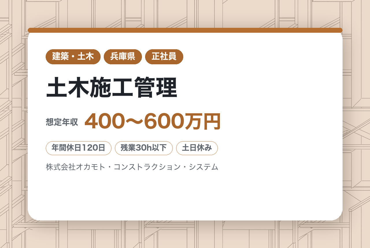 ⭐️全員面接確約⭐️若手募集！【尼崎／転勤無し】土木施工管理 ◆土日祝休／月残業約25h／創業110年安定受注◎