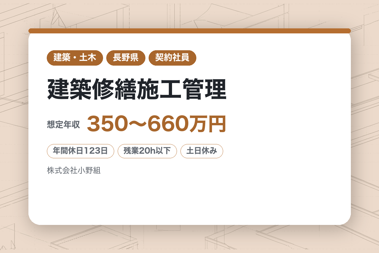 【長野市】建築修繕施工管理／JP（日本郵政株式会社）の修繕専門／実績と信頼でインフラを支える／手厚い福利厚生と手当／年休123日