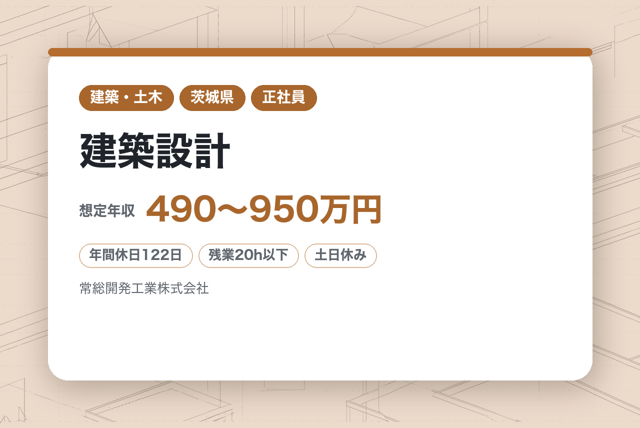 【茨城県/建築設計】あなたの設計経験を、茨城県完工高No.2の安定企業で活かしませんか？「年間休日122日・転勤なし」の働きやすい環境です。（二級建築士歓迎）