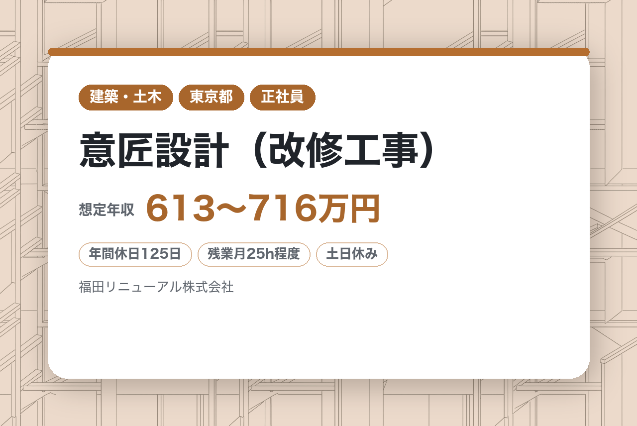 【千代田区／転勤無】意匠設計（改修工事）◆プライム福田組G／残業平均25h／中途多数活躍！