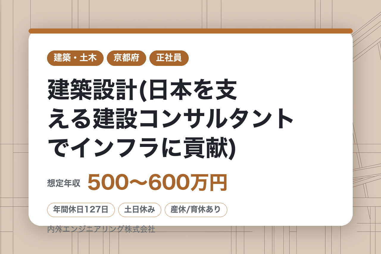 【京都市/若手メンバークラス】建築設計(日本を支える建設コンサルタントでインフラに貢献)◆年休127日/決算賞与あり！