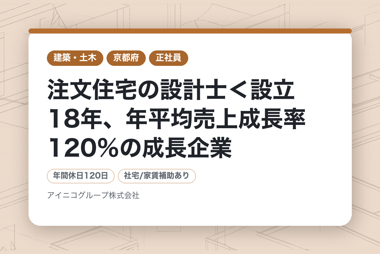 注文住宅の設計士＜設立18年、年平均売上成長率120％の成長企業／社員満足度94％！＞