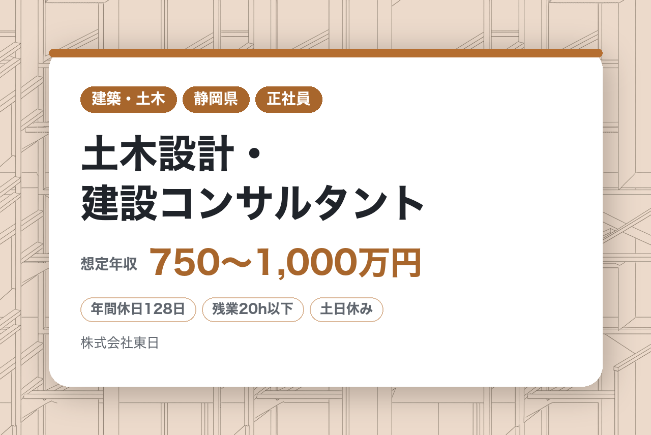 【静岡県沼津市】土木設計・建設コンサルタント/公共案件95％/年休128日