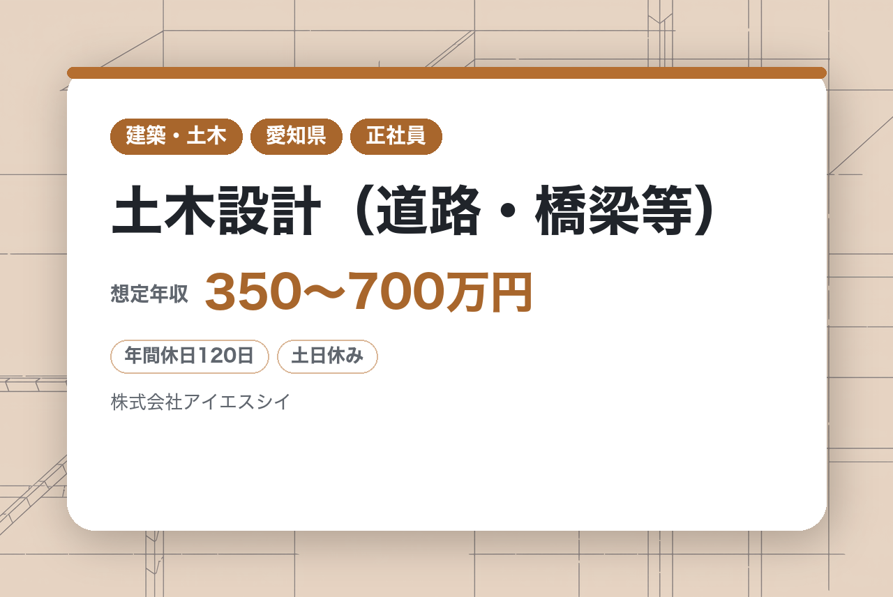 【名古屋/若手向け】土木設計（道路・橋梁等）/官公庁案件10割/年休120日/土日祝休/幅広い世代活躍中