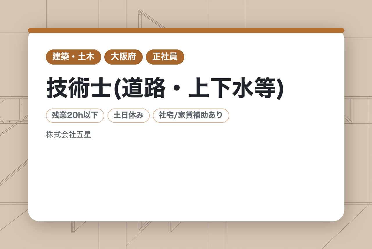 【技術士(道路・上下水等)】中堅層向け/完全週休2日制/休日125日/資格取得奨励金あり
