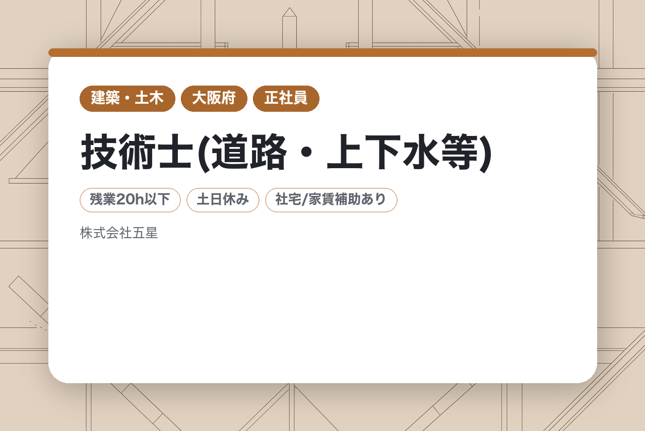 【技術士(道路・上下水等)】ベテラン層向け/完全週休2日制/休日125日/資格取得奨励金あり