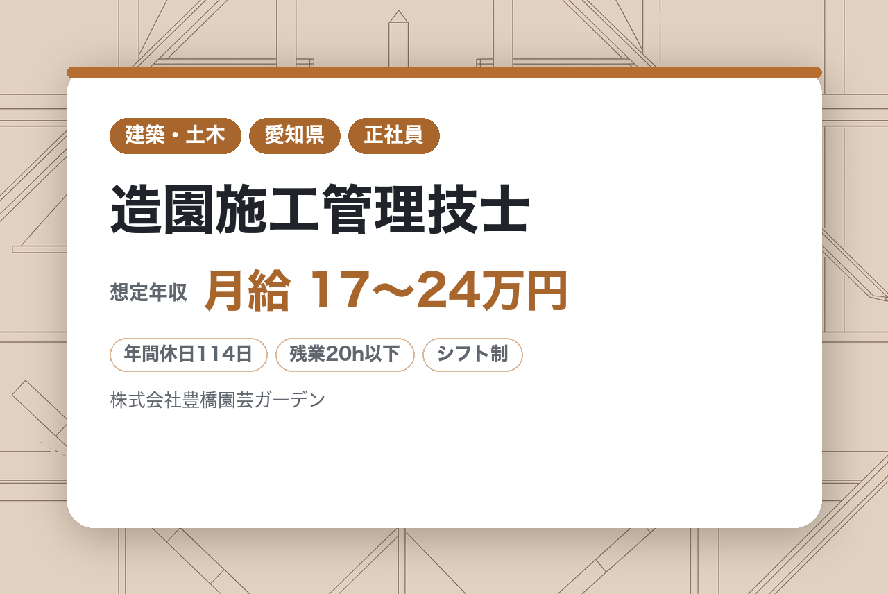 若手向け／20代活躍中【阿久比】造園施工管理技士 ※中部地区を中心に緑化事業を展開／完全週休2日制／転勤なし／車通勤可