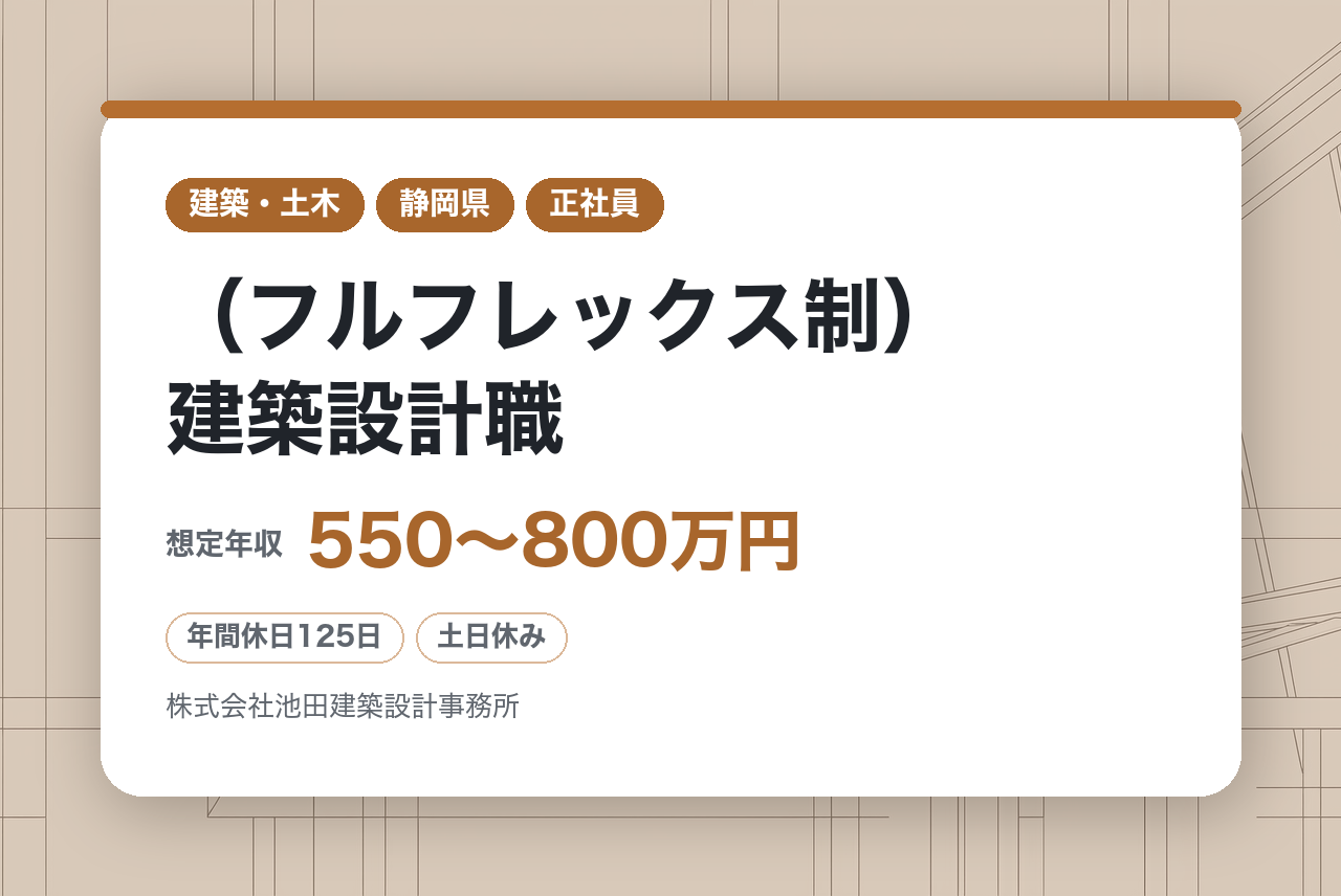 ＜有資格者＞【静岡県 】（フルフレックス制）建築設計職（意匠/構造/設備/監理のいずれか）★静岡県内で最大規模の設計事務所／完全土日祝休み／有給取得率100％/月平均残業時間約20時