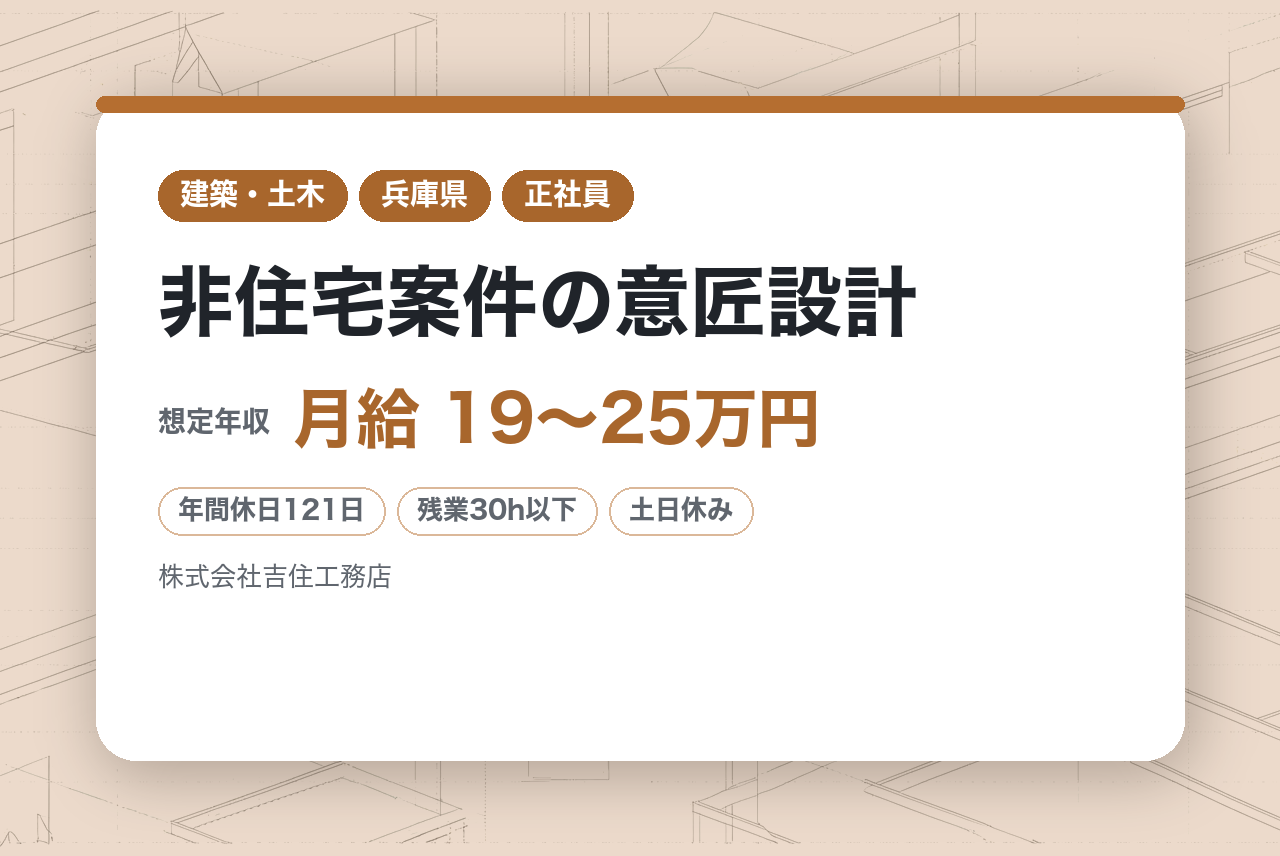 二級建築士所持者向け【兵庫/丹波】非住宅案件の意匠設計《グッドデザイン賞多数受賞◎》残業25Ｈ/土日祝休/年休121日