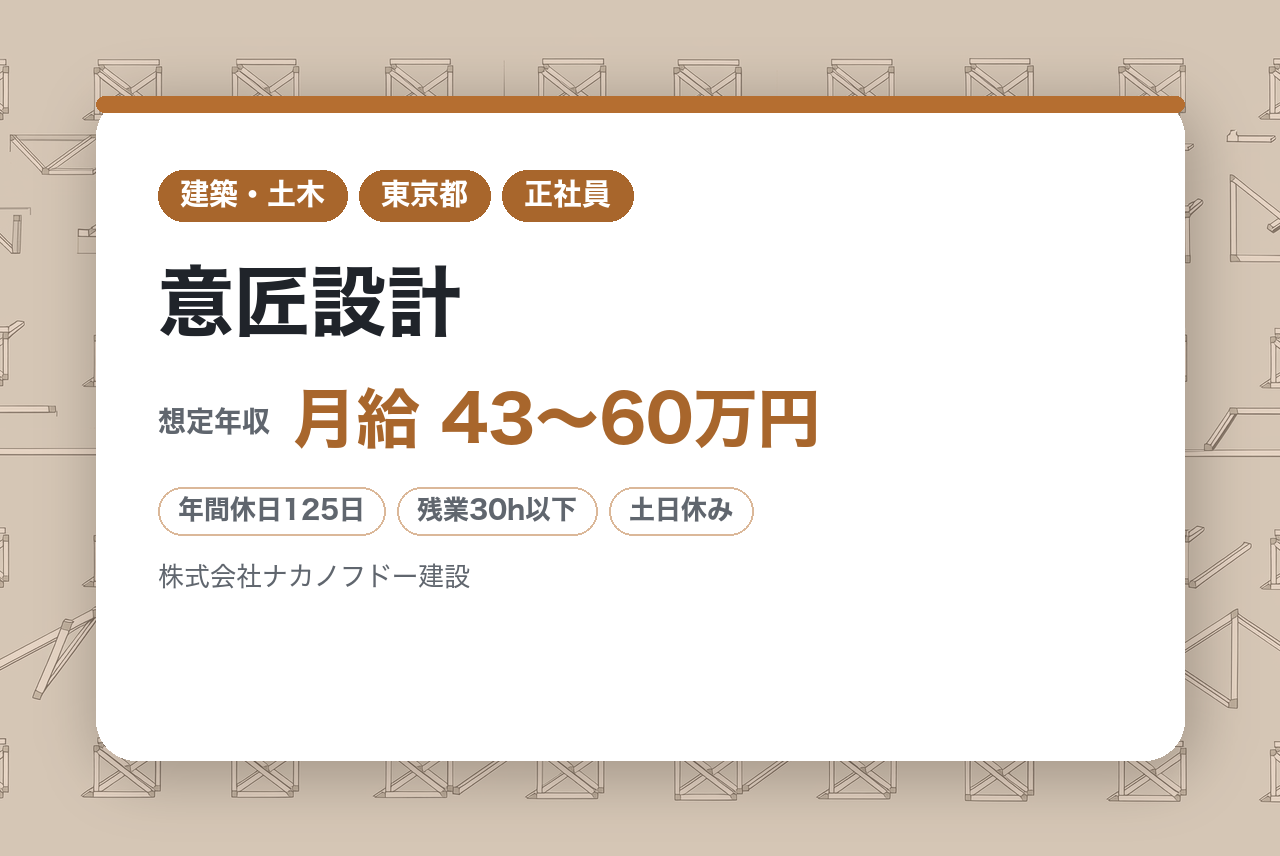 【東京・大阪】意匠設計／第二新卒歓迎／スタンダード上場／年間休日125日／平均勤続年数17.5年