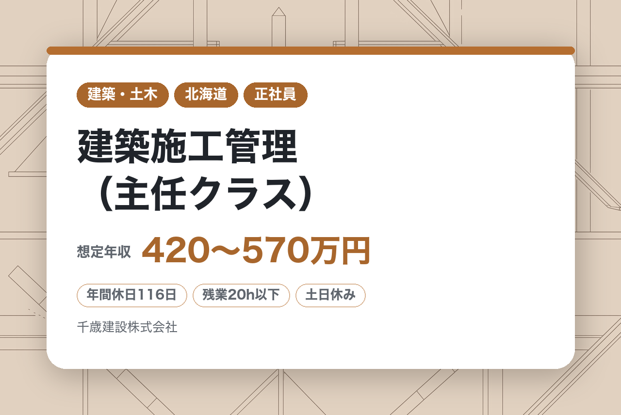 【北海道/千歳】建築施工管理（主任クラス）/年間休日116日/残業20H/U/Iターン歓迎