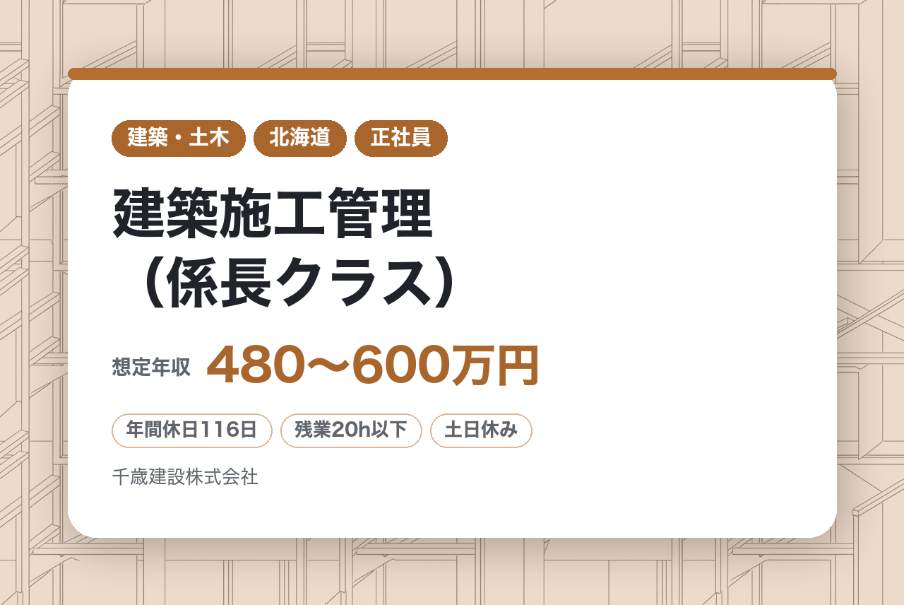 【北海道/千歳】建築施工管理（係長クラス）/年間休日116日/残業20H/U/Iターン歓迎