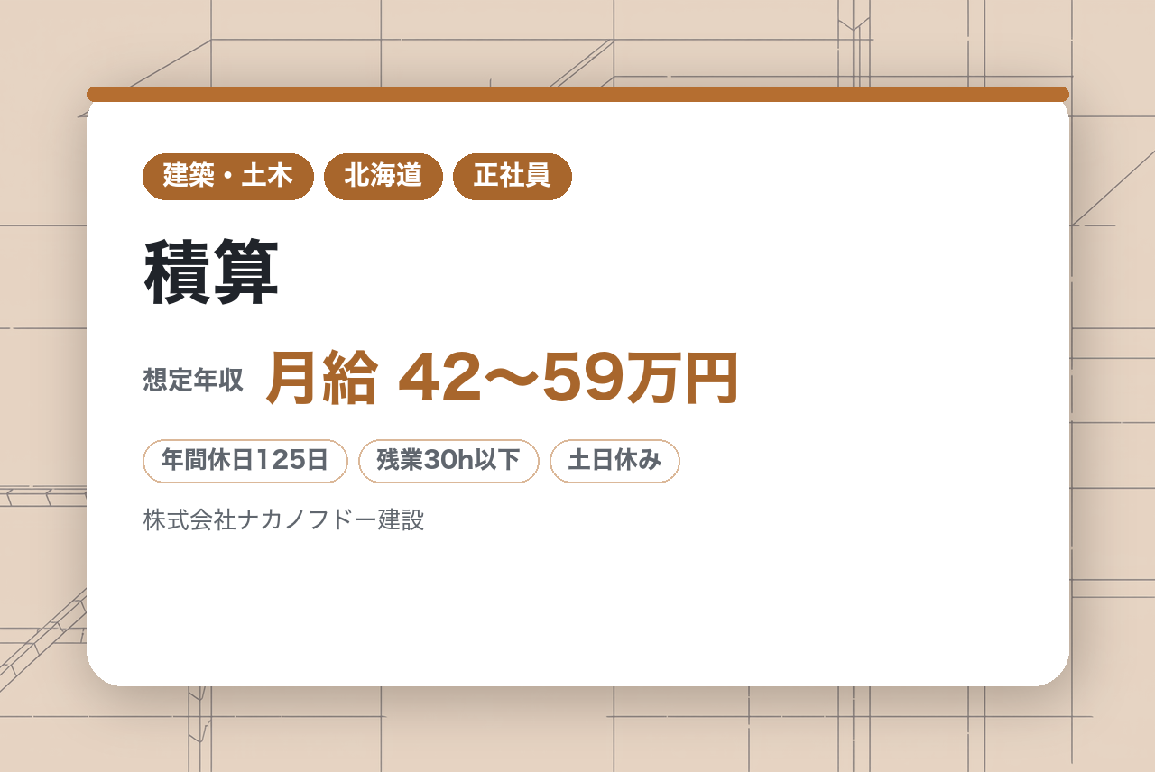【東京・札幌・仙台・名古屋・大阪・福岡】積算／スタンダード上場／年間休日125日／平均勤続年数17.5年