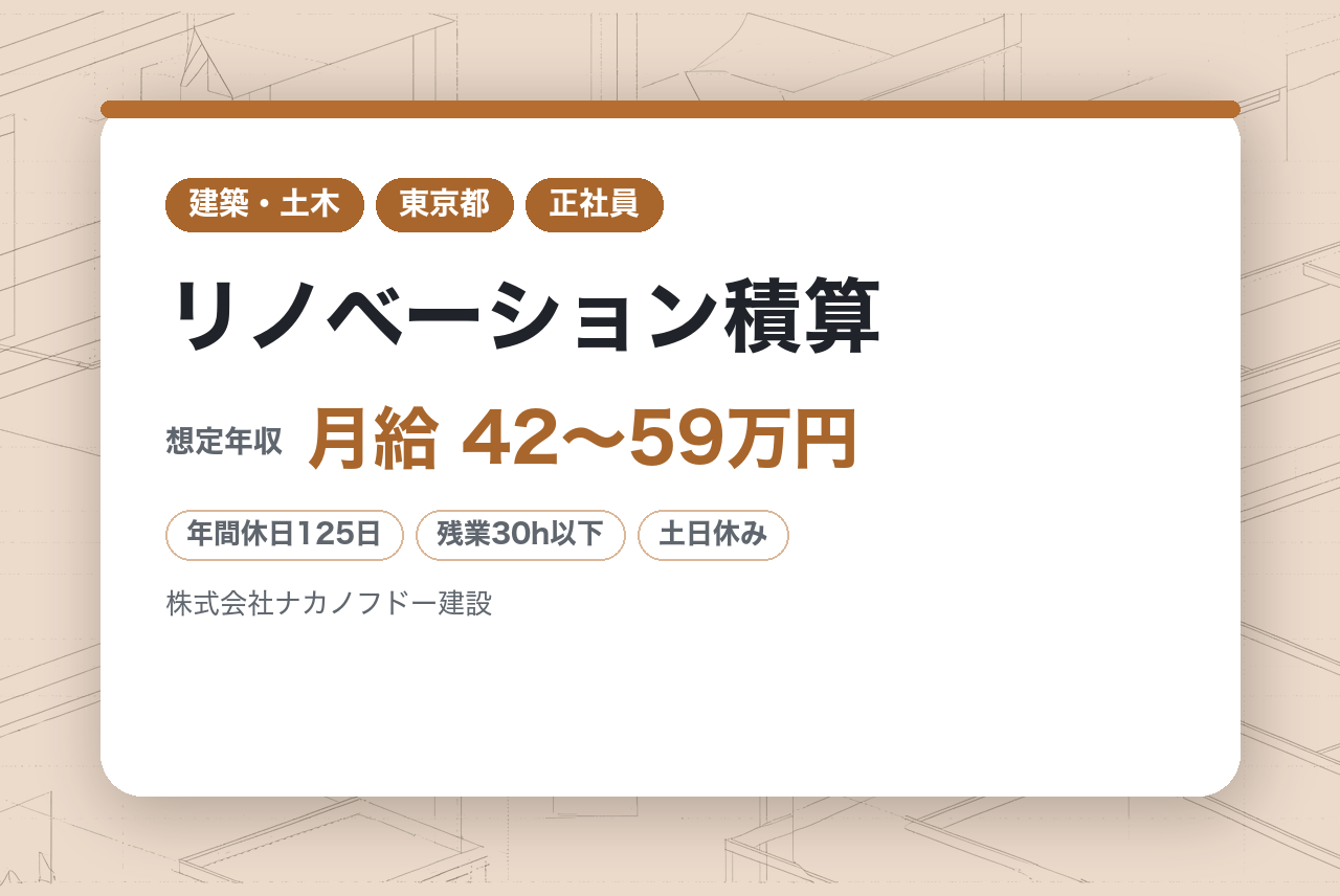 【東京】リノベーション積算／スタンダード上場／年間休日125日／平均勤続年数17.5年