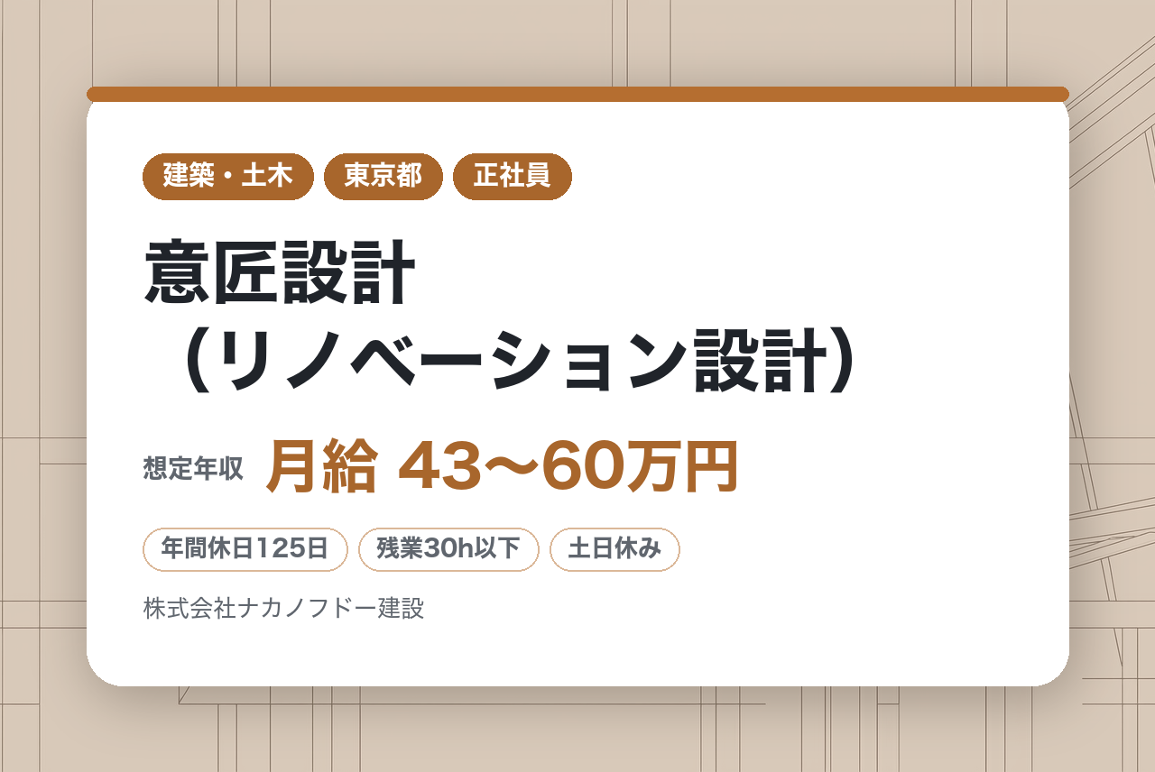 【市ヶ谷】意匠設計（リノベーション設計）／テレワーク・年休125日／スタンダード上場の中堅ゼネコン