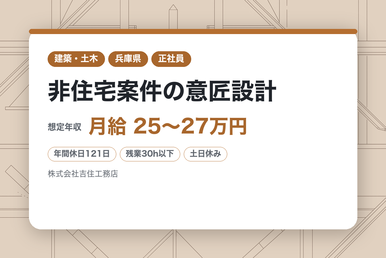 一級建築士所持者向け【兵庫/丹波】非住宅案件の意匠設計《グッドデザイン賞多数受賞◎》残業25Ｈ/土日祝休/年休121日