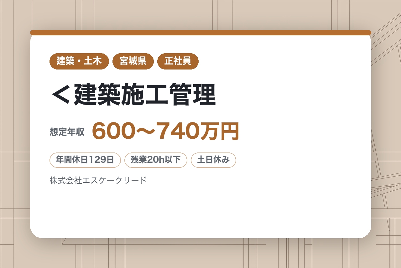 ★1級有資格者★＜建築施工管理｜仙台＞年間休日129日＊土日祝休み＊定時退社可能＊転勤なし◎