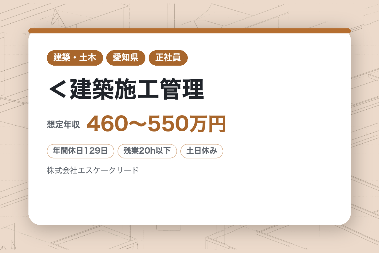 ★2級有資格者★＜建築施工管理｜名古屋＞年間休日129日＊土日祝休み＊定時退社可能＊転勤なし◎