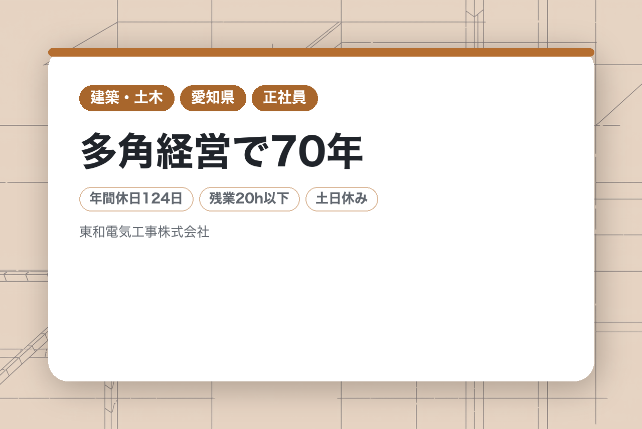 【名古屋／電気設備積算】現場の知見が最大の武器になる。⚡官公庁・大手ゼネコンと安定取引◎多角経営で70年。土日祝休み＆年休124日。景気に左右されない一生モノの専門職へ。