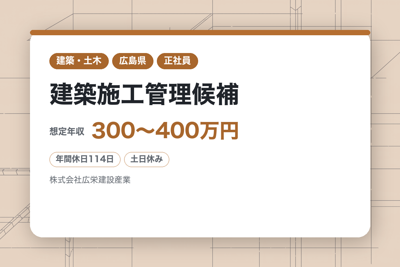 ★若手層【建築施工管理候補】【広島】完全未経験OK！／広島市内・安佐南・安佐北から直行直帰／夏季120分休憩の「人を守る」会社