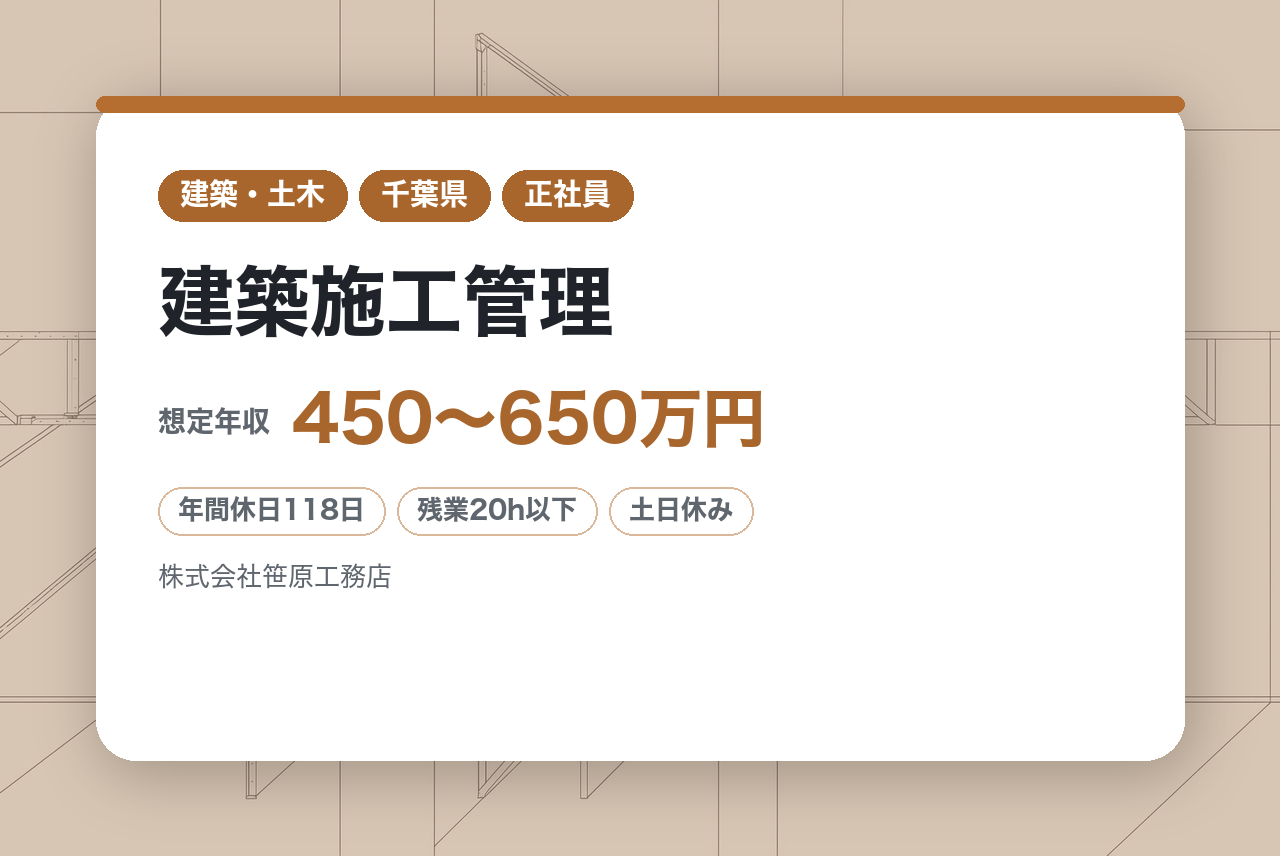 ★経験者【千葉／市原】建築施工管理◆大規模案件の取り扱い◎／創業70年の老舗総合建設会社／完休二日制・土日祝休／残業20h／転勤なし