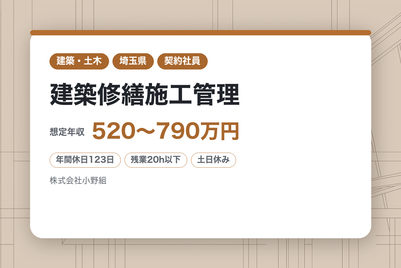 【埼玉】建築修繕施工管理／JP（日本郵政株式会社）の修繕専門／実績と信頼でインフラを支える／手厚い福利厚生と手当／年休123日