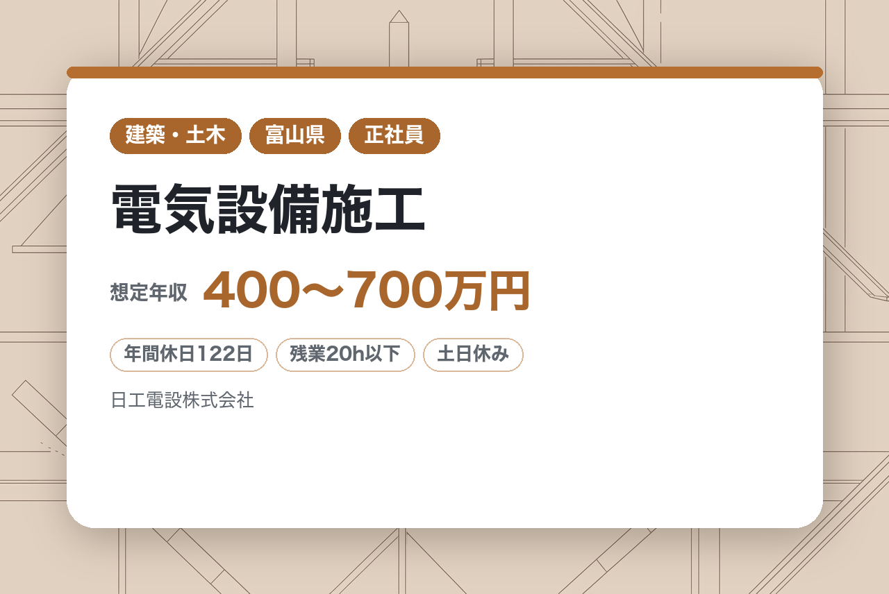 【富山県】若手有資格者募集／電気設備施工／安定企業で経験を活かしキャリアアップ／完全週休2日制／年休122日 ／転勤なし