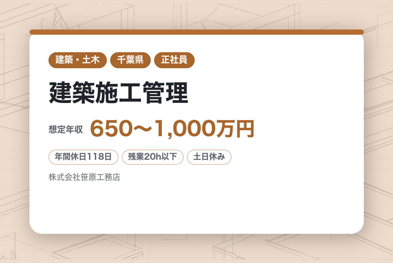 ★即戦力◇1級資格【千葉／市原】建築施工管理◆大規模案件の取り扱い◎／創業70年の老舗総合建設会社／完休二日制・土日祝休／残業20h／転勤なし
