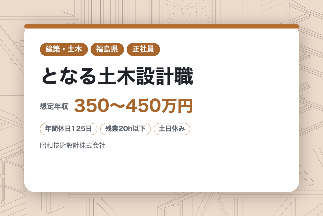 ★若手未経験★第2新卒【福島県/郡山市】次世代の「地域の守り手」となる土木設計職｜農業土木・道路設計の実績多数◉｜転勤なし×年休125日×残業少｜ドローン・3D技術×あなたの経験で