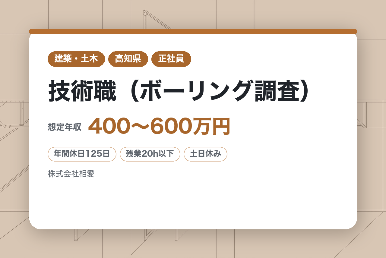 ハイクラス【高知】技術職（ボーリング調査）◆地域密着企業／残業20h／年休125日／就業環境