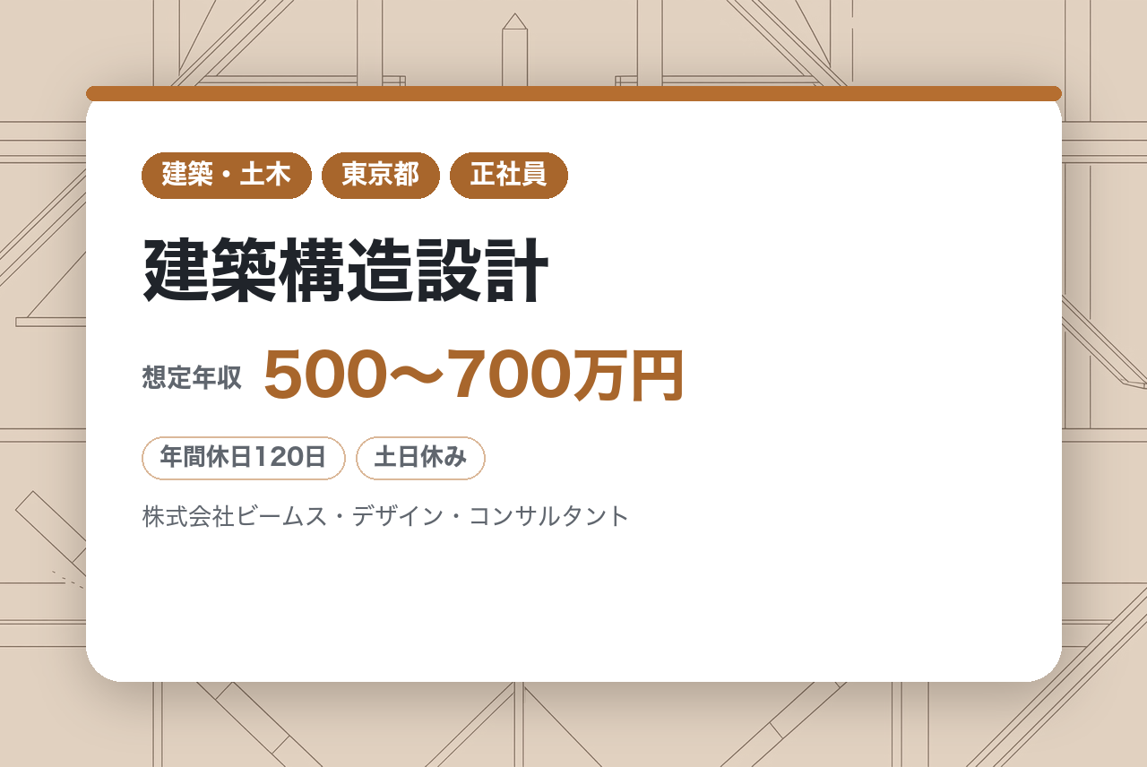 ★ポテンシャル層【東京】建築構造設計◆幅広い建築物に携わる総合設計事務所◆年休120日・完全週休2日（土日）